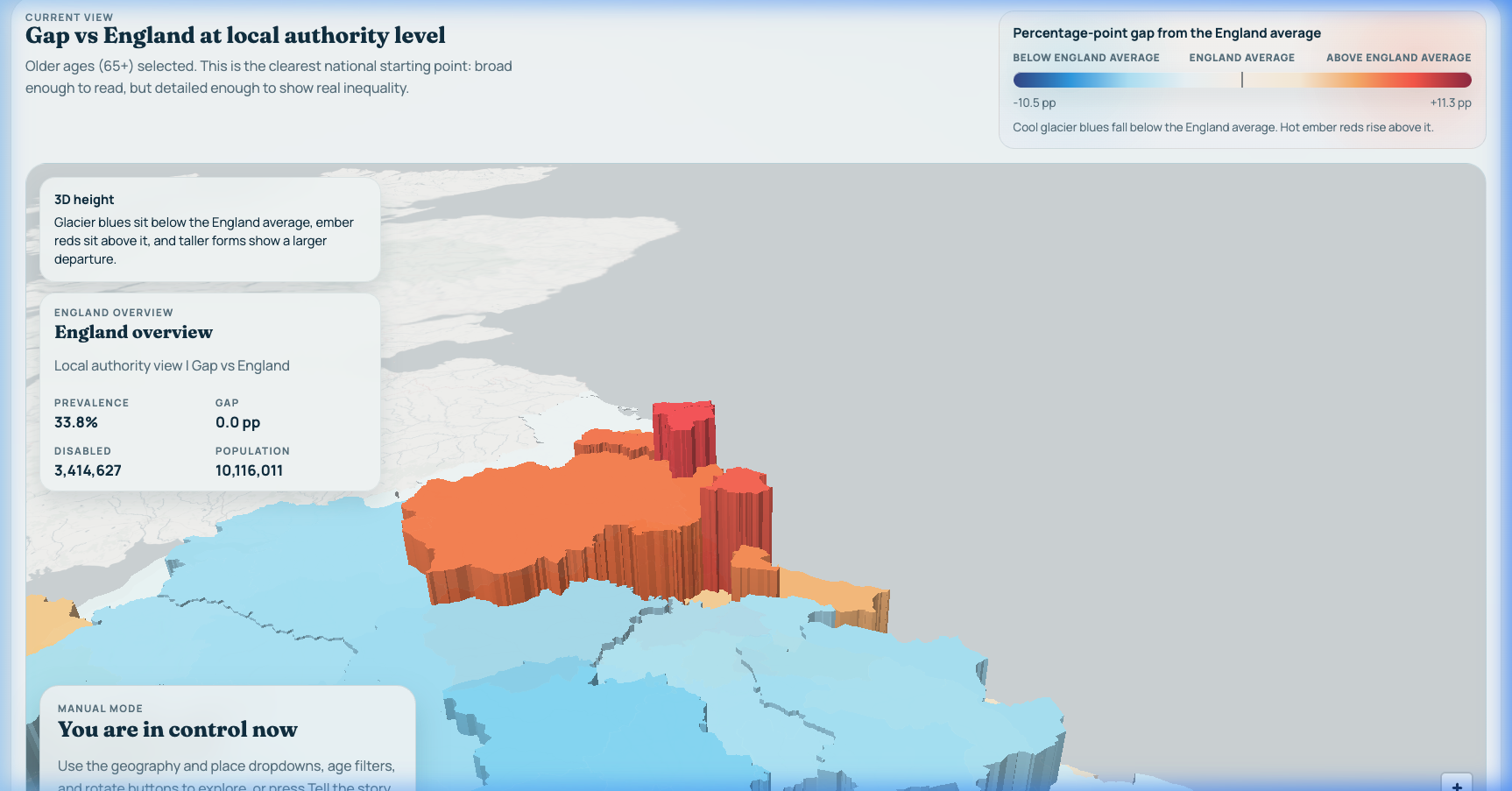 3D visualisation of disability inequality islands from the Census 2021 dashboard