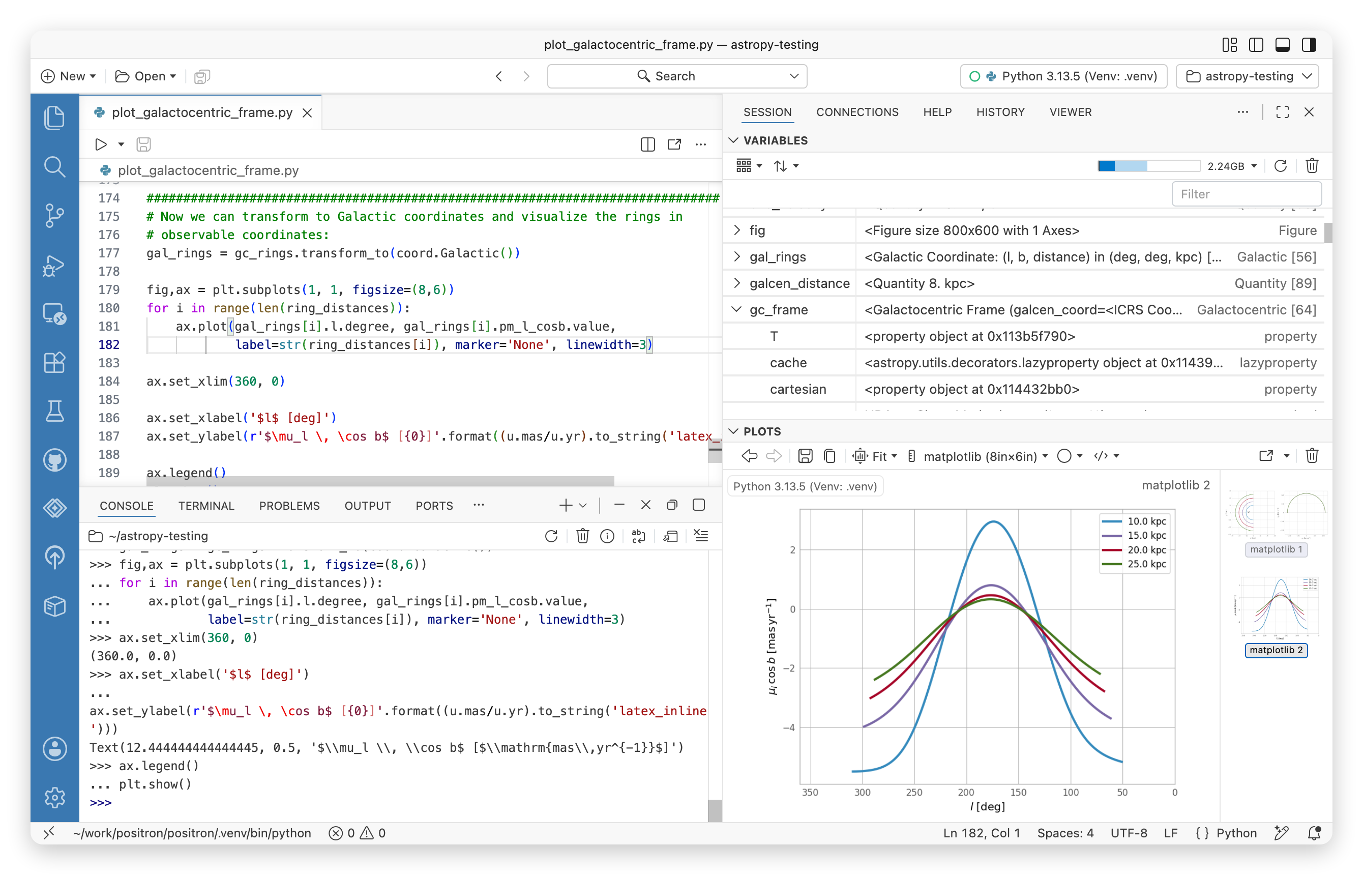 Positron interface showing Python code, Console, Variables and Plots panes