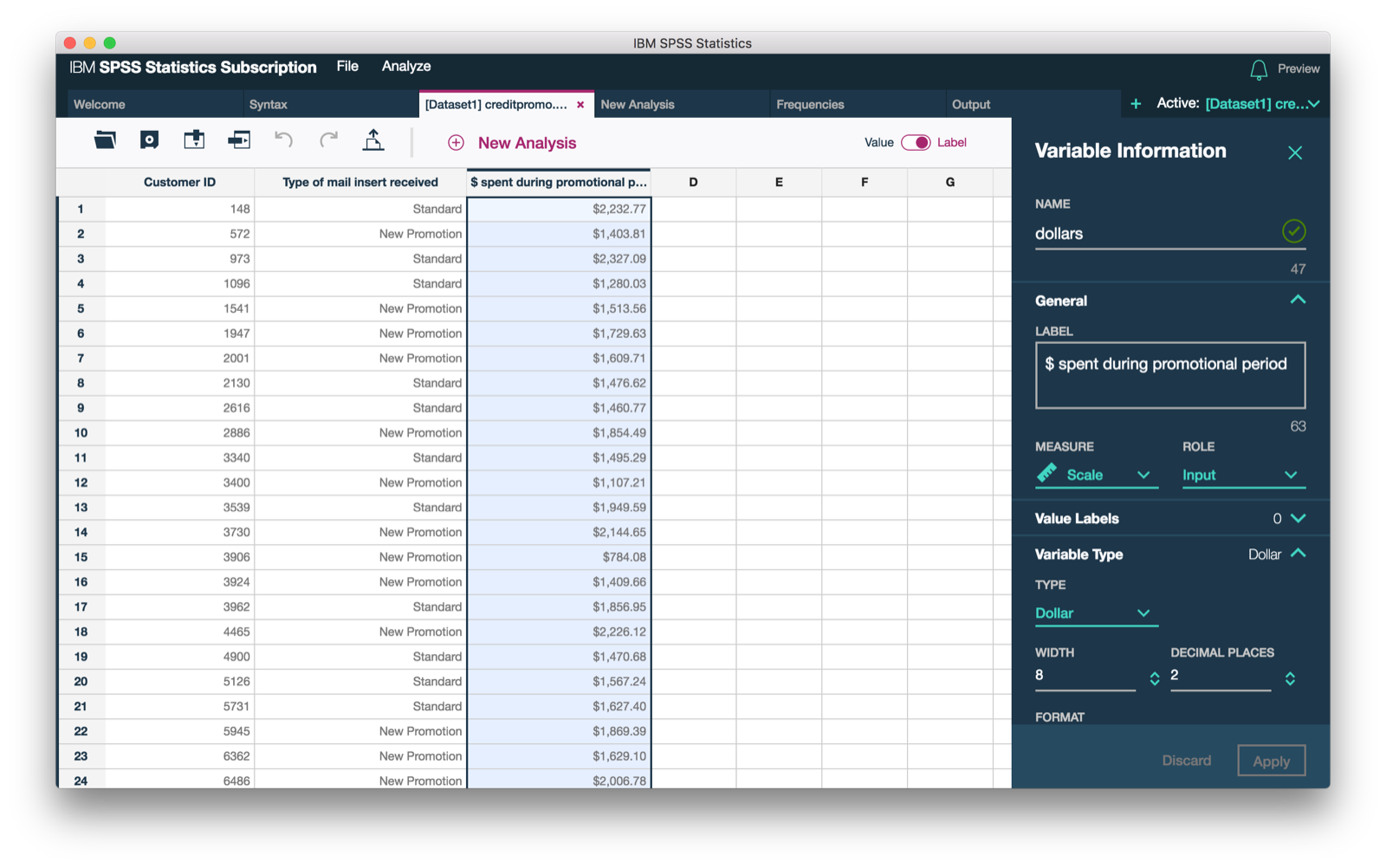 IBM SPSS Statistics Data Editor with rows, variables and a variable-information panel