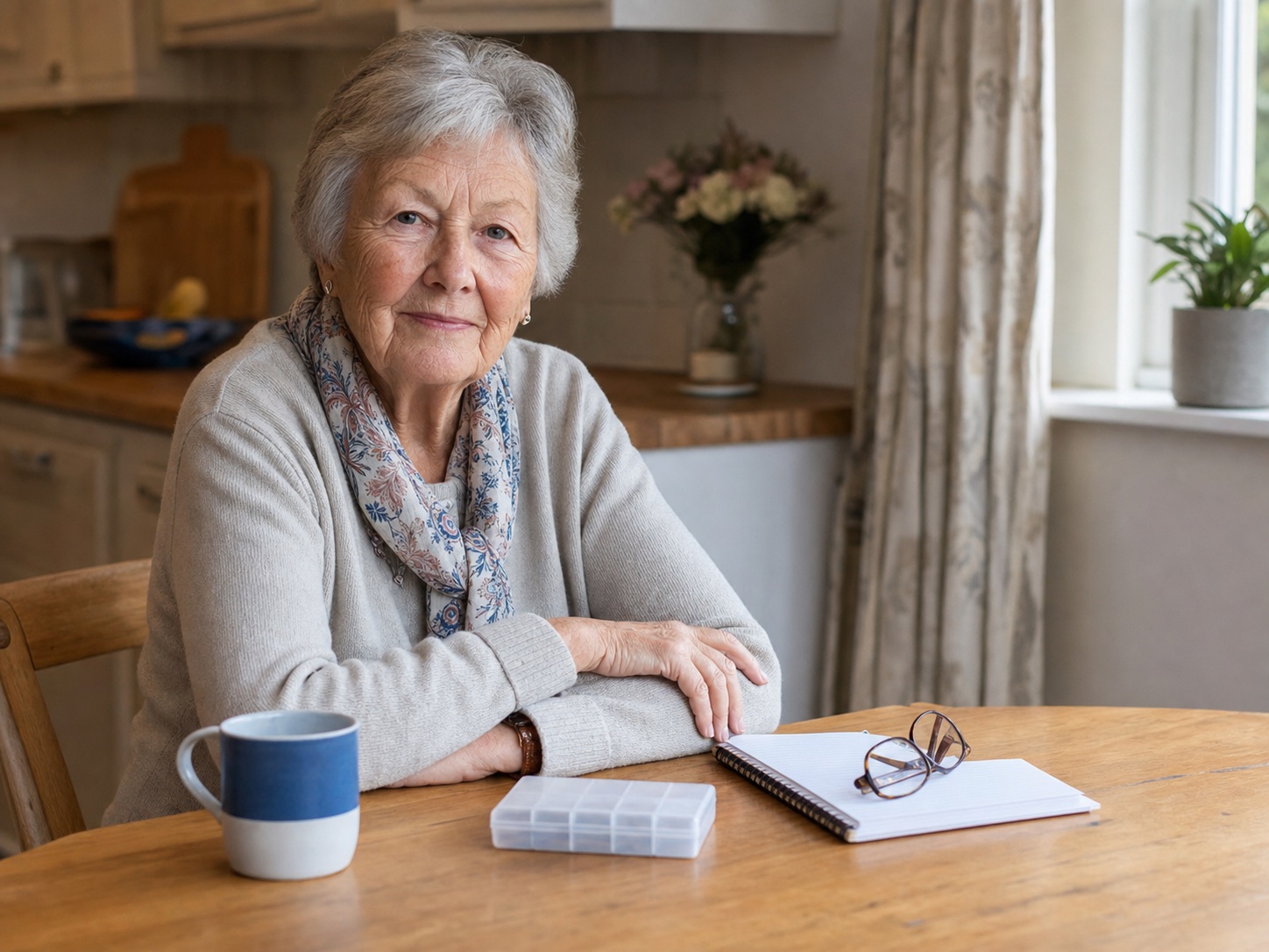 An older participant seated at her kitchen table