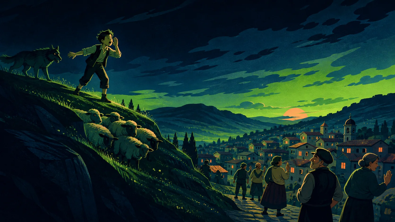 At dusk, a shepherd boy calls towards a village while a real wolf approaches his flock and the villagers turn away.