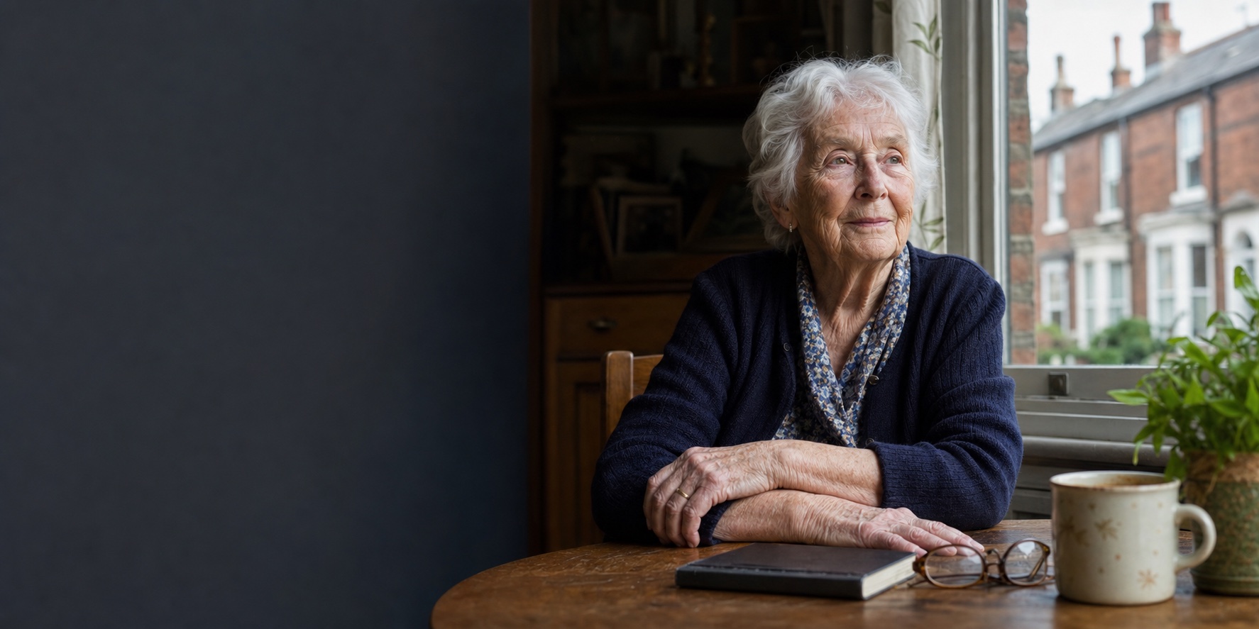 Illustrative portrait of an older woman seated at a kitchen table beside a window